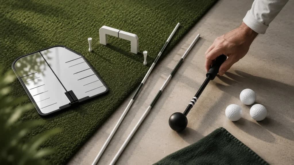 Putting mirror, alignment sticks, putting gate, golf balls, and tempo trainer arranged on an indoor practice surface
