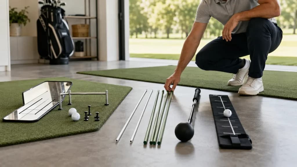 Golfer arranging alignment sticks, putting aids, and practice tools in a home practice space